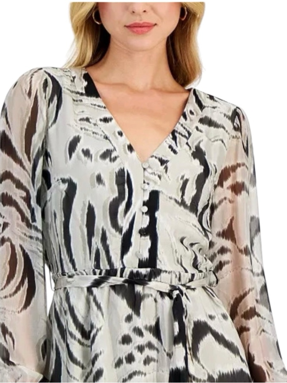 Guess Marcelle Dress Sz M V-Neck Sheer Sleeve Tie Waist Black Gray White | EUC